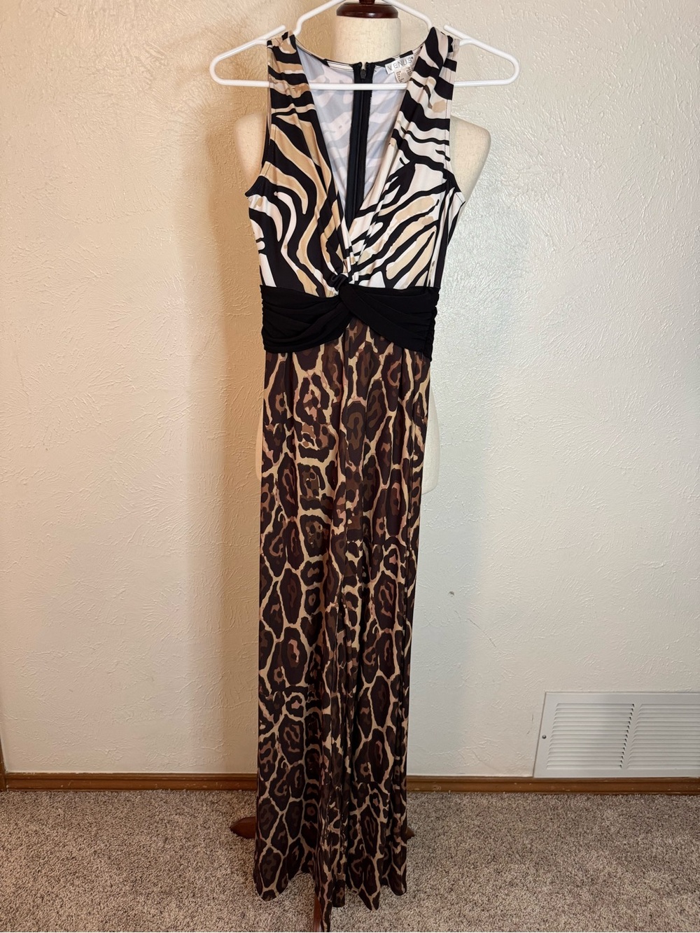 VENUS Sleeveless Animal-Print Jumpsuit in Black & Brown XS